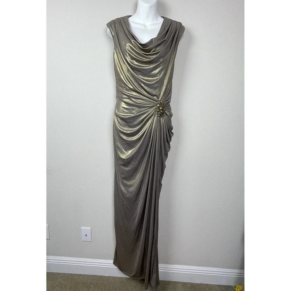 Tadashi Shoji Bronze Gold‎ Formal Gown Size 6 Ruched Draped Maxi Wedding Guest